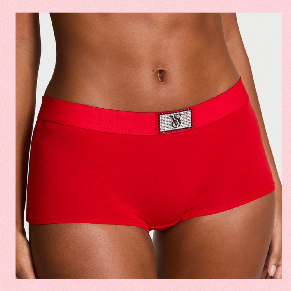 💄VICTORIA’S SECRET Cotton Boyshort Bling Logo Patch Lipstick Red Low Rise MEDIUM